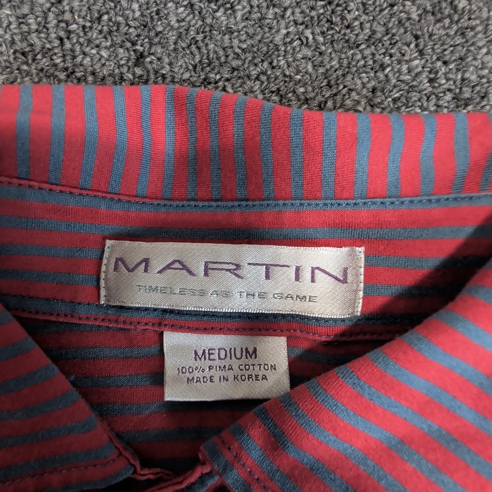 Martin Men Polo Shirt Medium Pima Cotton Red Blue Striped Vintage Golf Short Slv - Picture 3 of 7